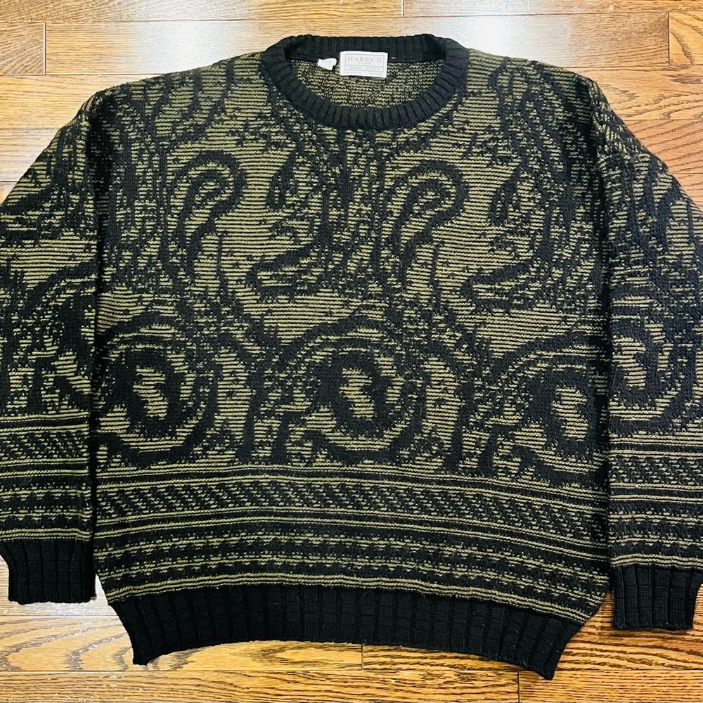 Vintage Harry Rosen Jacquard Knit Sweater – Black & Olive – Medium